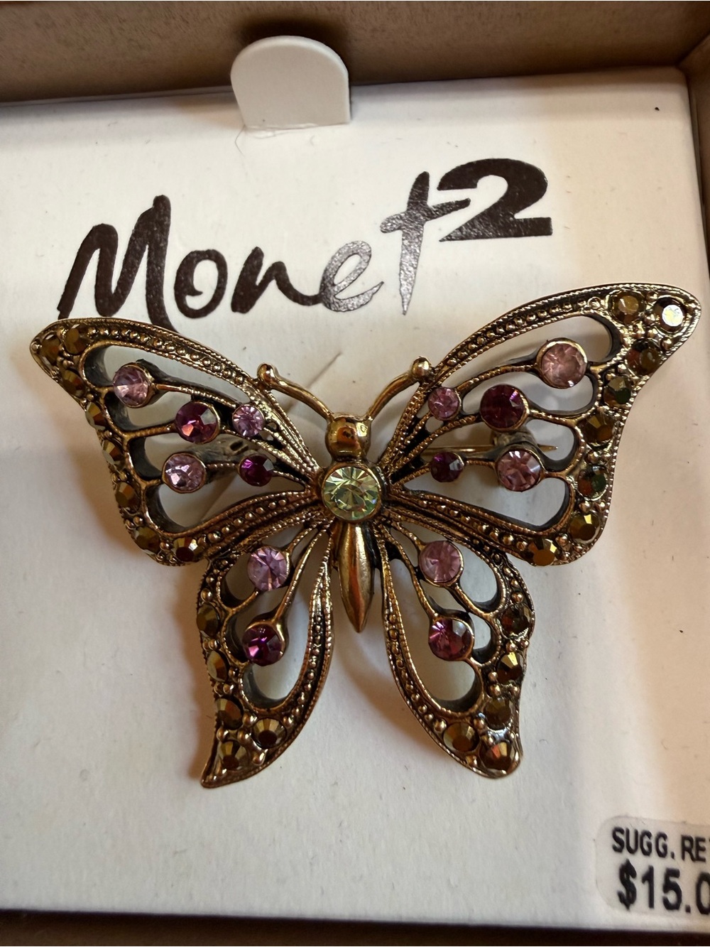 Monet Gold-Tone Butterfly Brooch Pin Pink and Purple Crystals